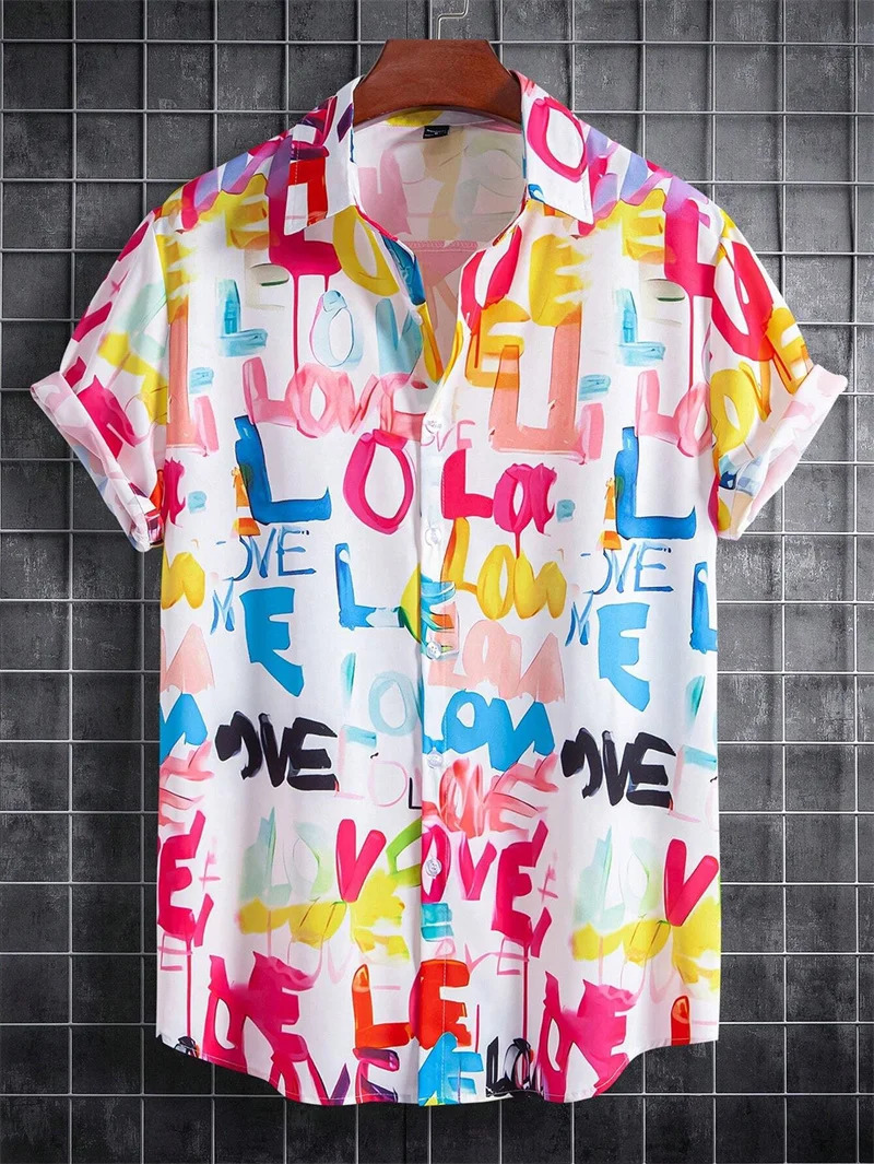 2024 Colorful Graffiti I Love You Fashionable Mens Shirt Soft and Comfortable Street Outdoor Fishing Light Breathable Top 240708