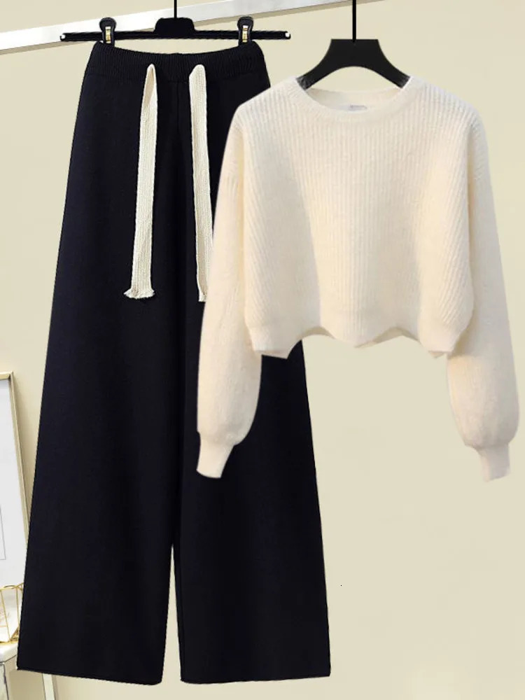 Fall Winter Knitted Two Piece Set Women Casual Pullover Long Sleeve Knitting Sweater And Wide Leg Pants Sets For Clothing 240712