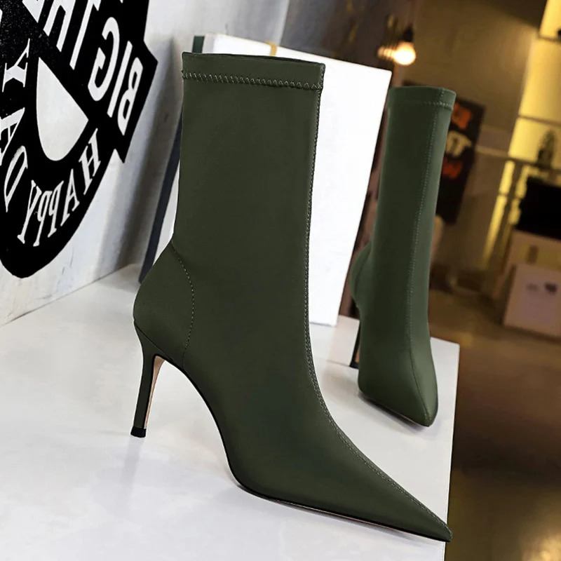 Women 7.5cm 10cm High Heels Winter Thermal Boots Green Low Heels Stretch Silk Ankle Boots Lady Warm Pointed Toe Sexy Party Shoes 240708