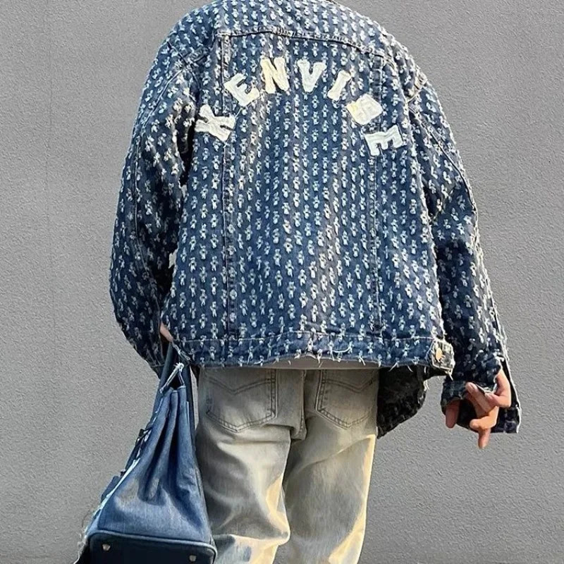 American street print hollow hole denim jacket personality trend men ins high loose letter embroidery casual 240709
