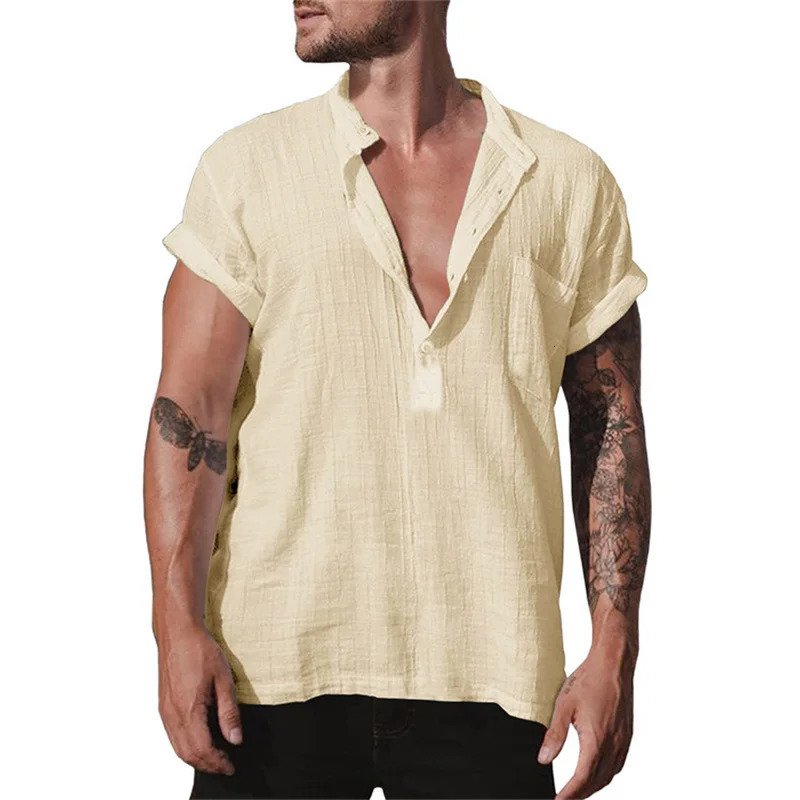 Summer Short Sleeve Formal Shirt Male Elegant Linen Shirts Blouses Loose White Social Man Pocket Casual Top Men Clothing 240708