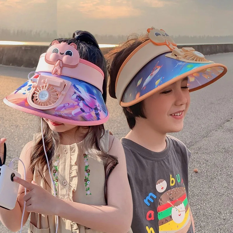 Kids Sunhat with Fan Large Sun Protection Adjustable Children Sun Protection Hat Outdoors USB Fan Sun Hat Cartoon Baby Visors 240704