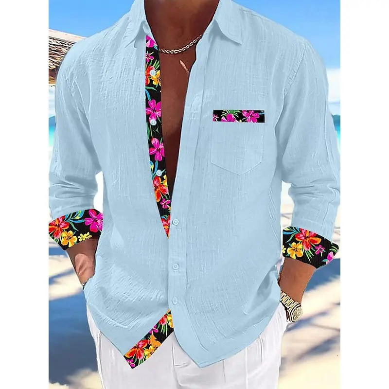 Shirts Fashion casual 100 linen shirts Floral stitching mens tops Simple and comfortable 240708
