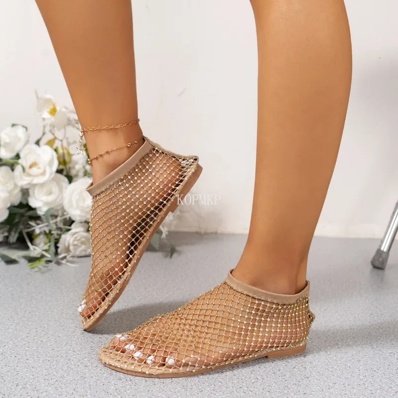 Women Hollow Out Full Sandals Full Rhinestone Mesh Summer Boots Woman Flat Sandals Stripper Exotic Dance Wear Shoes for Women 240708