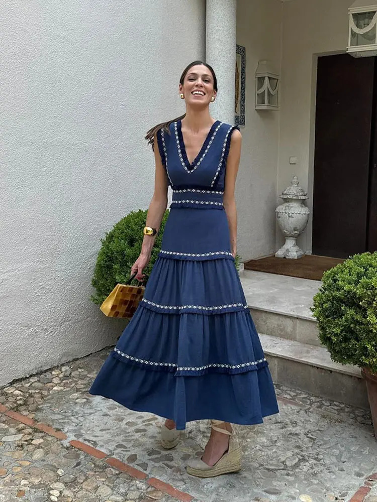 Ethnic Style Printed Long Dress Women Fashion Flying Sleeve Vneck Rruffles Vestidos Female Summer Chic Holiday Beachwear 240712