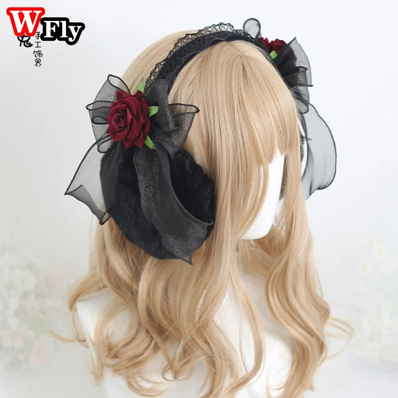 Gothic sweet Lolita Women Girl Lace bow rose Plush winter Warm Earmuffs Foldable Warmer Ear Cover Ear muffs Headband Accessories 240712