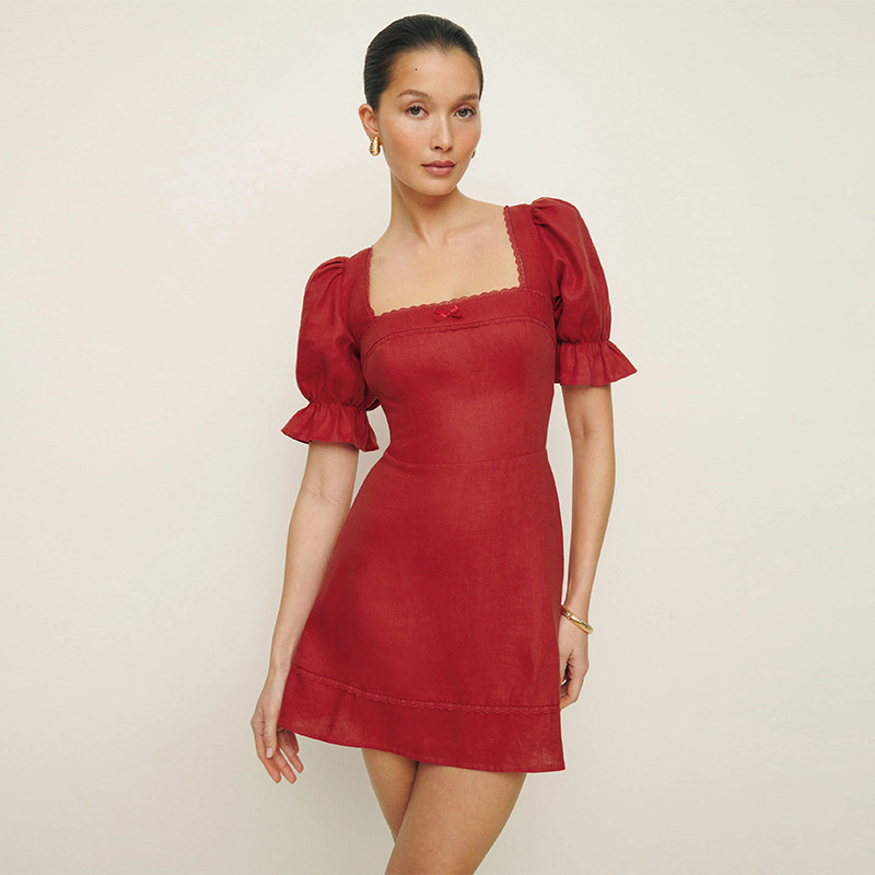 637 Xuanmei Celebrity Same Spring/summer 2024 New Style Square Collar Linen Waist A-line Short Dress French Bifurcated Temperament Waist Lace Dress