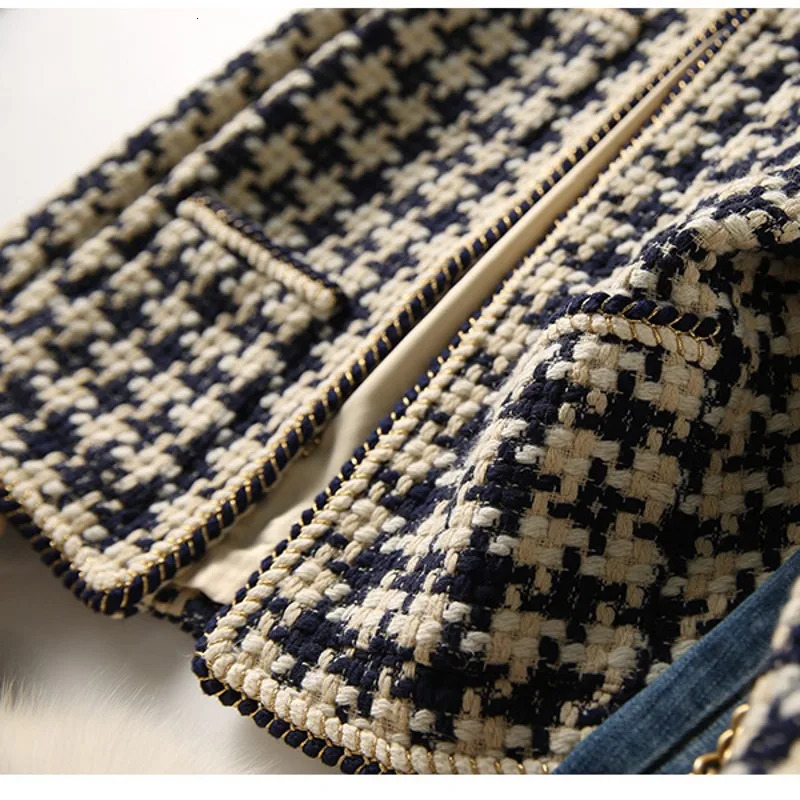 Runway Fall Elegant Weave Plaid Women Blazer Causal Tweed Coat Office Ladies Suit Jacket Outwear 240712