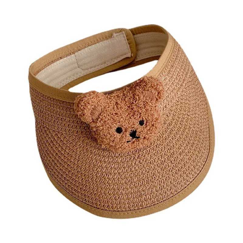 Cute cartoon bear summer baby straw hat for children adjustable hats for boys and girls outdoor children sun hat breathable hat for childrenW240713