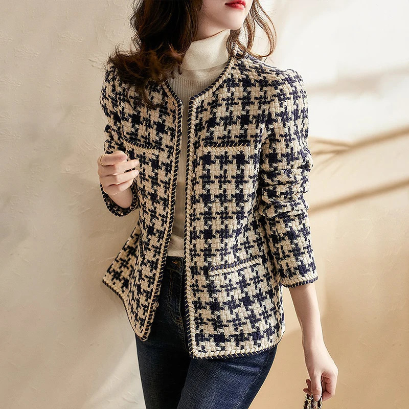 Runway Fall Elegant Weave Plaid Women Blazer Causal Tweed Coat Office Ladies Suit Jacket Outwear 240712