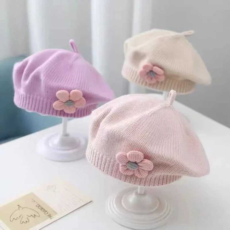 Flower Treasure Baby Thunder Hat Winter Warm Knitted Bean Hat Baby Girl Korean Preschool Princess Artist Solid Color Paint HatW240713