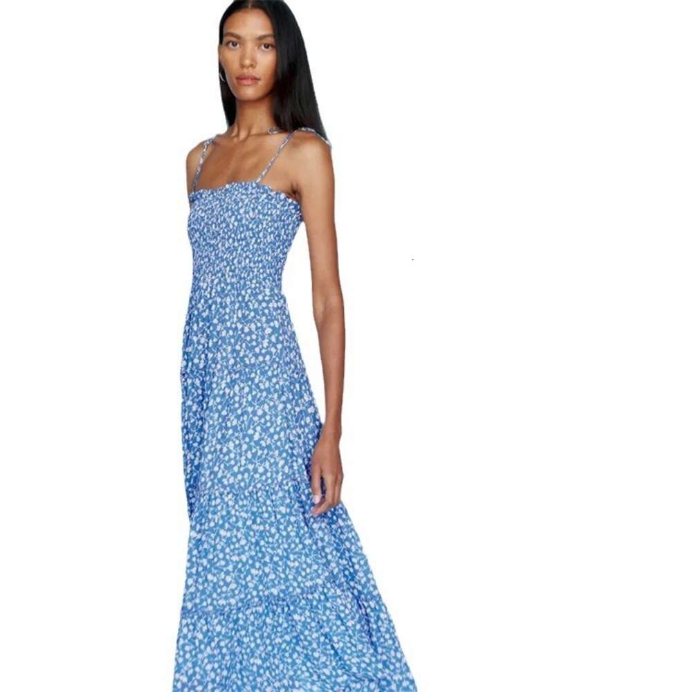 514 summer new item 2022 blue printed long slim fit camisole dress French women's clothing