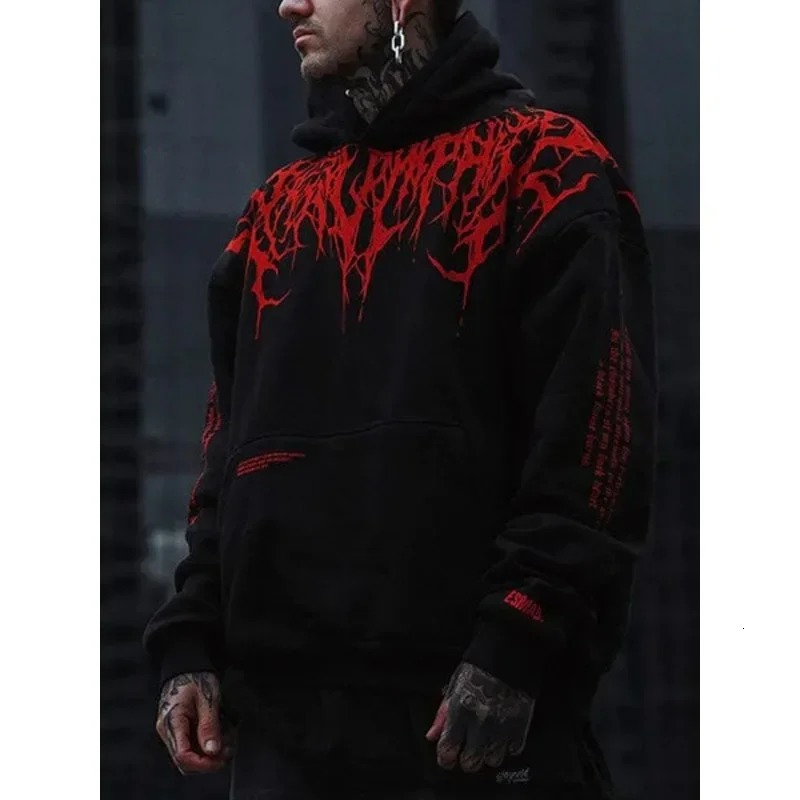 Mens Evil Blood Large Pattern Hoodie Unique Personality Casual Autumn Winter Thickened Warm Black for Men Full 240710