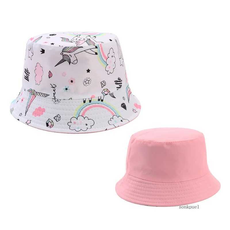 Double sided baby bucket hat with cute unicorn letter embroidery for children boys and girls fishermans hat for spring and summer outdoor childrens su