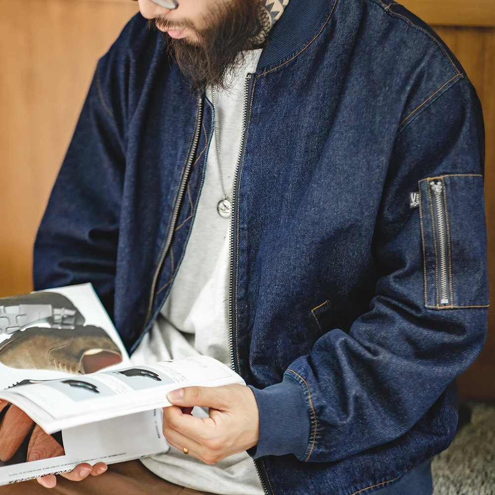 Maden Men Vintage Baseball Collar Bomber Jackets Denim MA-1 Flight Jacket 8.9OZ Casual Windbreaker Coats Mens Clothing 240712