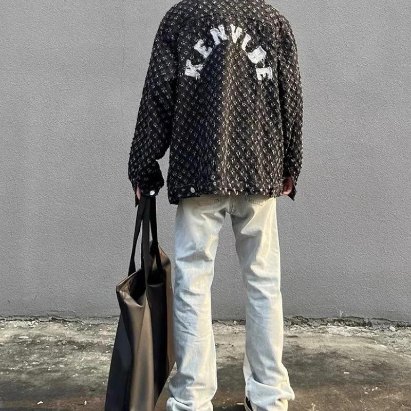 American street print hollow hole denim jacket personality trend men ins high loose letter embroidery casual 240709