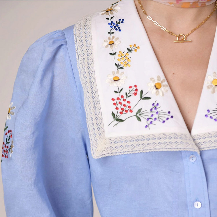 360 short skirt linen blue high waisted cardigan printed temperament commuting dress French women's clothing