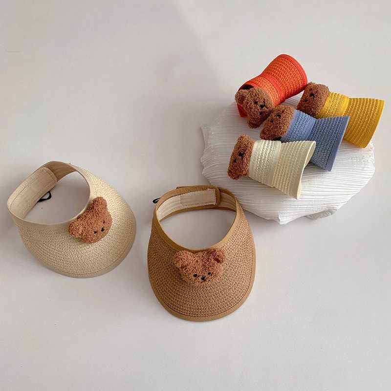 Cute cartoon bear summer baby straw hat for children adjustable hats for boys and girls outdoor children sun hat breathable hat for childrenW240713