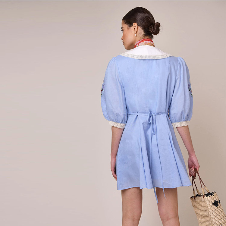 360 short skirt linen blue high waisted cardigan printed temperament commuting dress French women's clothing