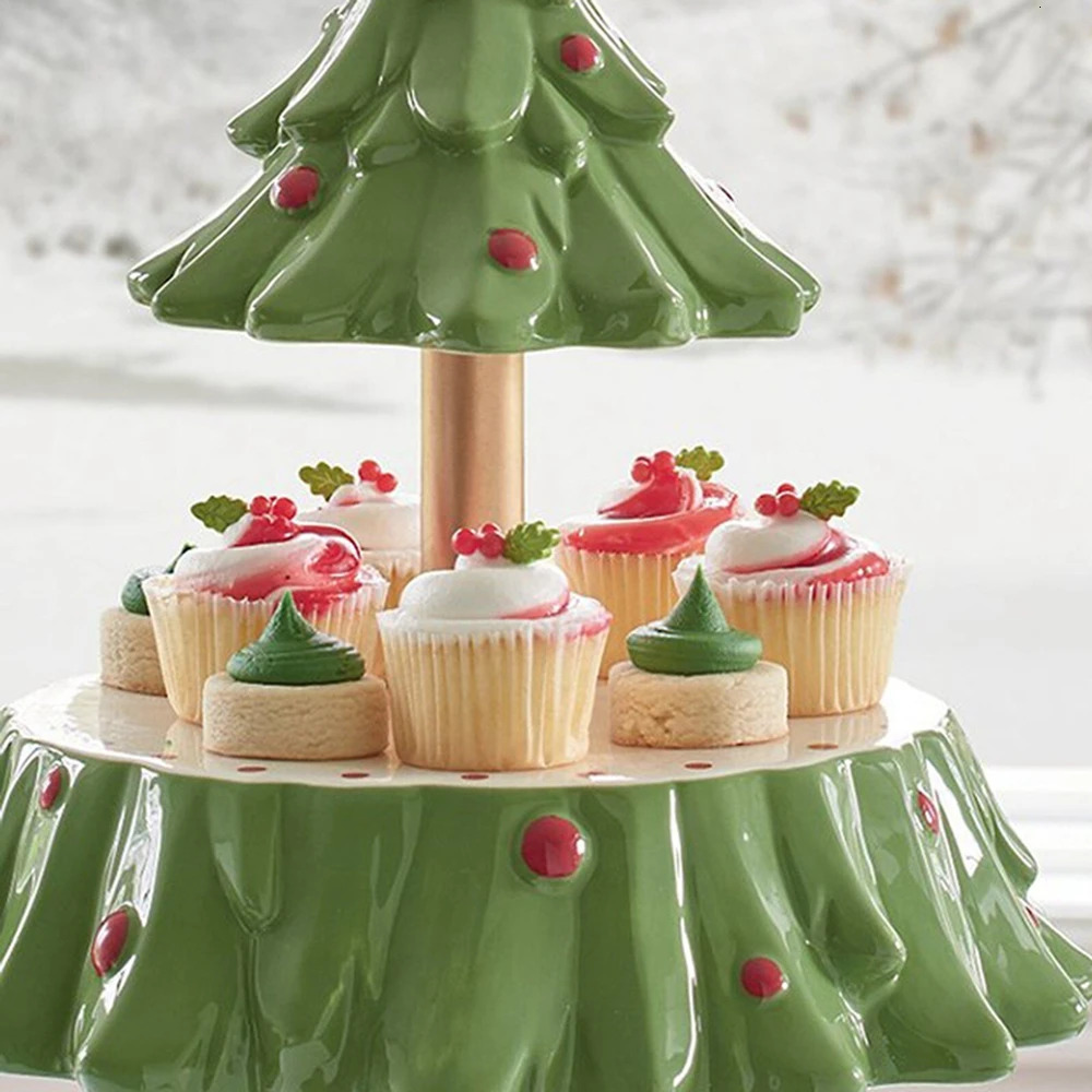 Christmas Tree Dessert Table Fruit Double Layer Cake Stand Holiday Party Candy Plate Tray Xmas Snack Rack Holder 240709