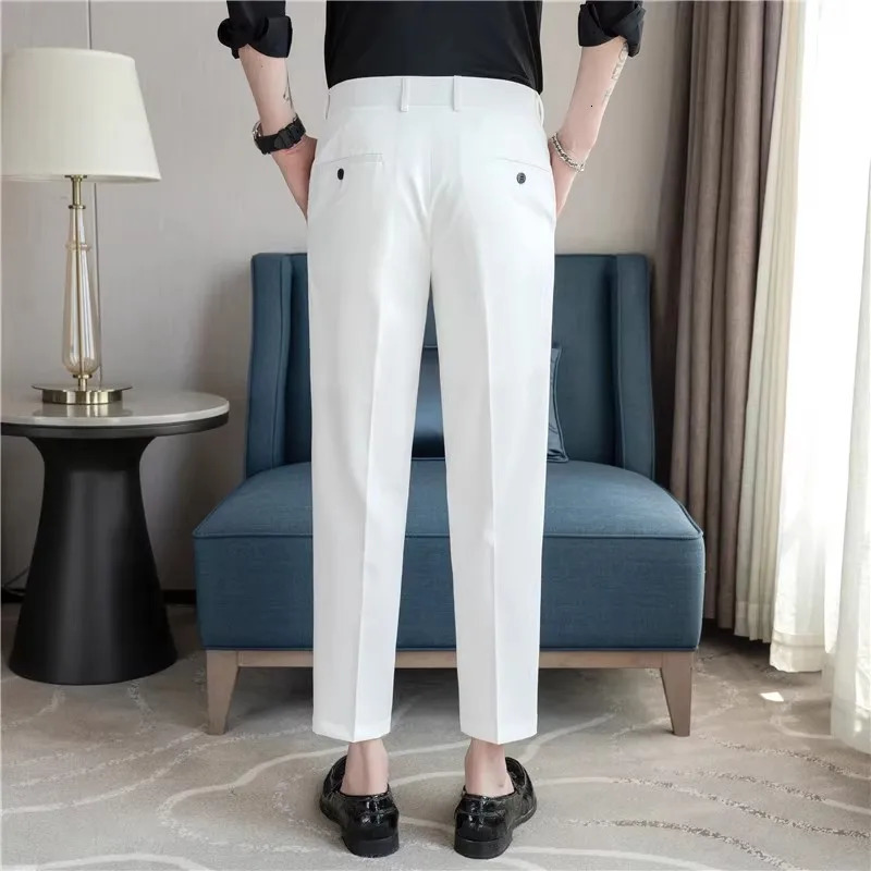 Summer Suit Pants Solid Color Korean Slim Smart Casual Ankle-Length Pants Men Wedding Dress Office Suit Trousers Man 240708