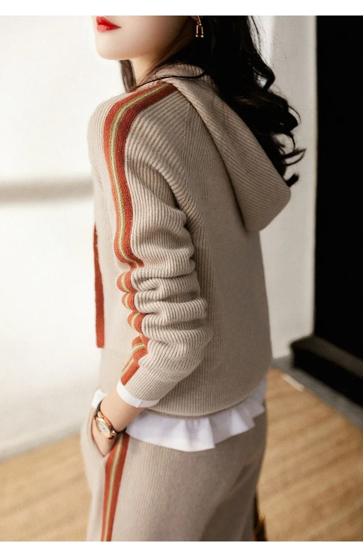 High Quality Knitted Womens Tracksuit Striped Long Sleeve Hoodied Harem Pants Sports Two Piece Set Autumn Winter 240712