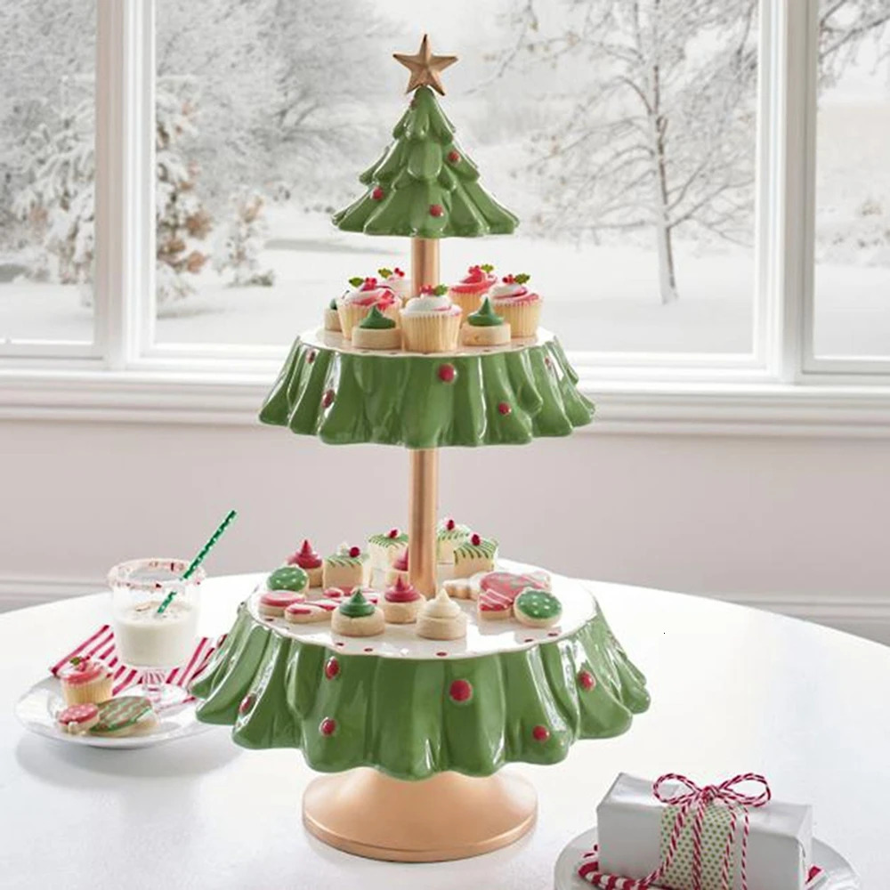 Christmas Tree Dessert Table Fruit Double Layer Cake Stand Holiday Party Candy Plate Tray Xmas Snack Rack Holder 240709