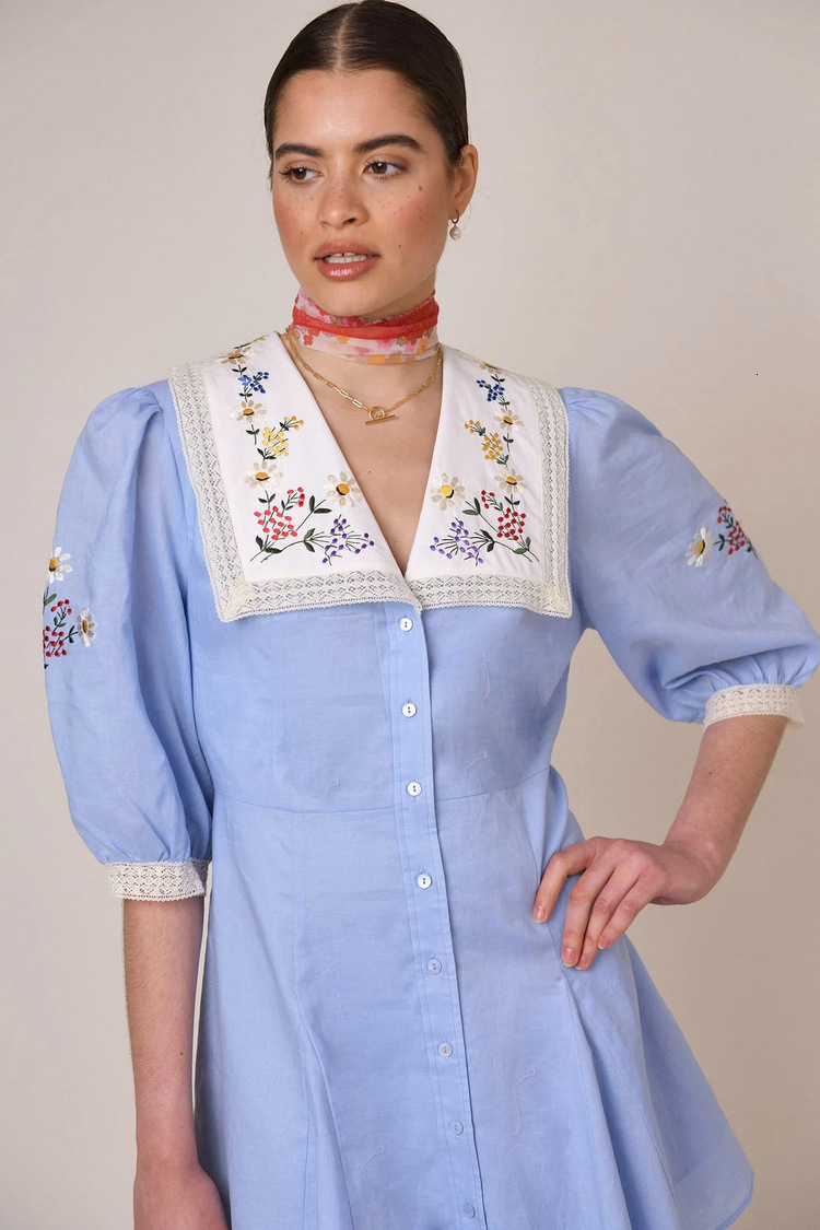 360 short skirt linen blue high waisted cardigan printed temperament commuting dress French women's clothing