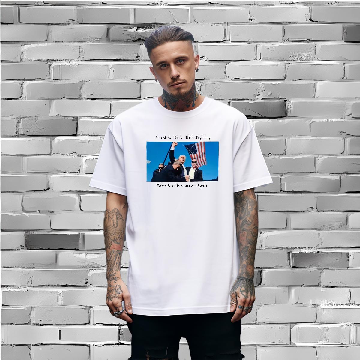 Unisex Man tru T Shirts Arrested. Shot. Still fighting 230g Cotton Summer Casual Breathable Crew Neck Men Tops Tees Designer Fashion Floral Print Tees