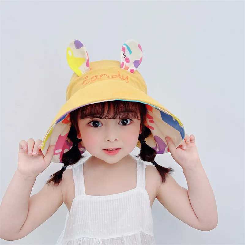 Adjustable baby bucket hat girls sun hat cute rabbit childrens empty top hat big Brim childrens beach hat hatW240713