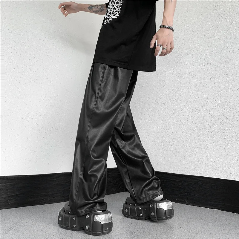 Mens Spring and Autumn Straight Pants Simple Elastic Waist Mop Wide Leg Pu Leather Pants 240712