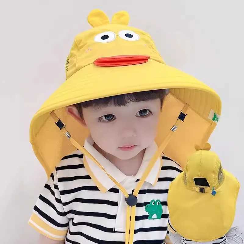 Childrens summer bucket hat UV protection outdoor beach sun hat boys and girls flip adjustable wide eaves hatW240713