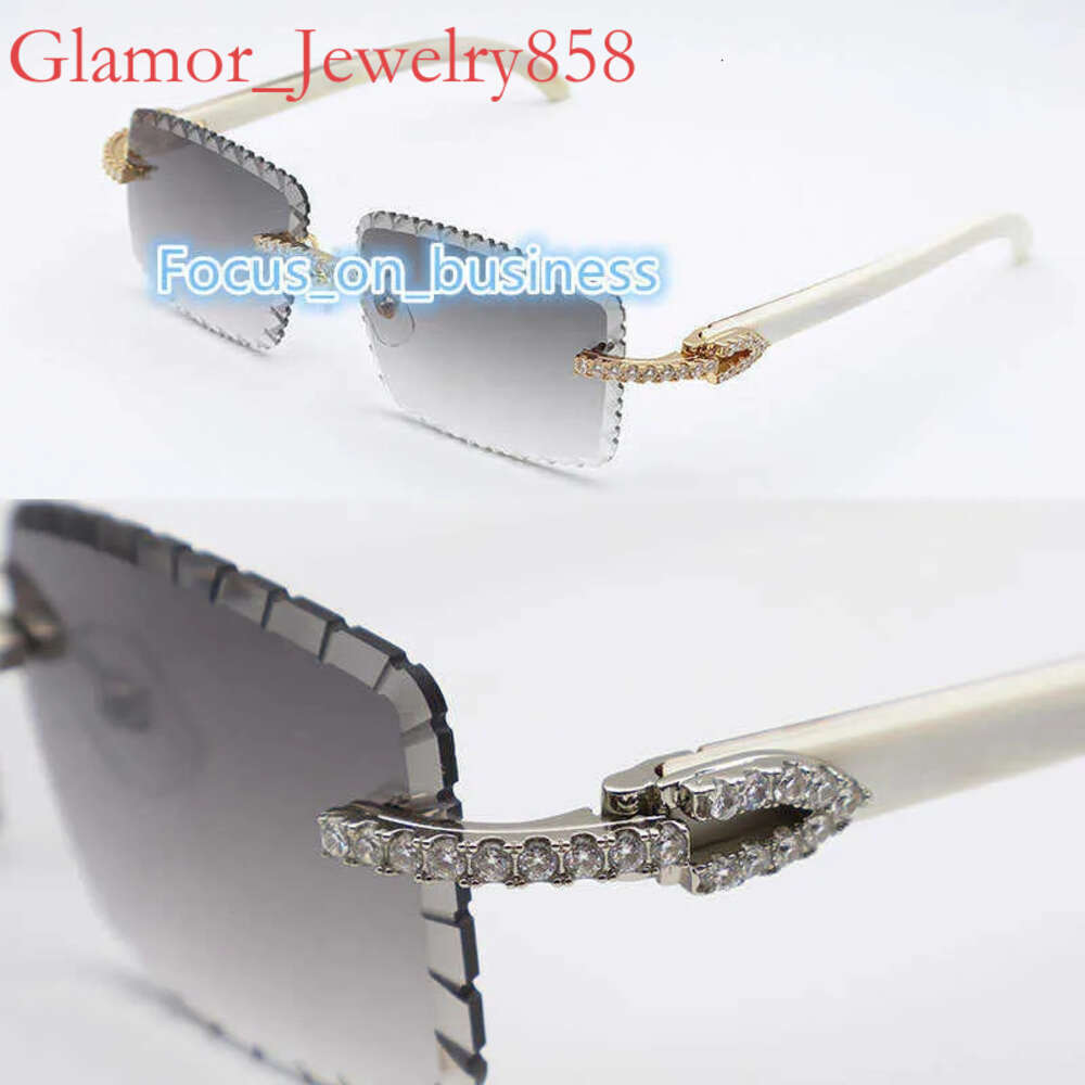 Moissanite Set Rimless Sunglasses Men Big Stones gafas de sol Original White Genuine Natural Horn Glasses Women Designer Dia cut Lens Hot