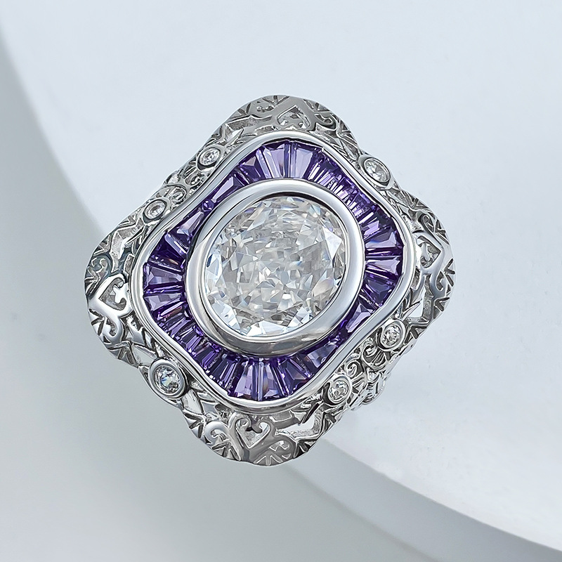 Moissanite Dia Ring: Vintage Sterg Sier Oval Cut Amethyst Wedding Band for Women