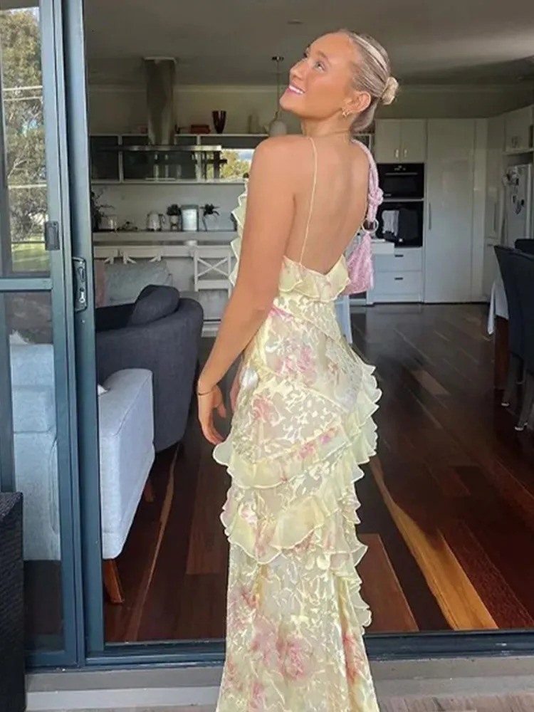 Fashion Print Ruffles Sling Dress Women Sexy V-neck Sleeveless Backless Empire Female Dresses Spring Summer Party Lady Robe 240712