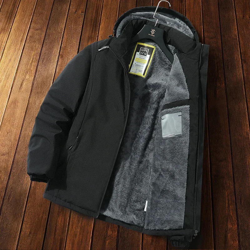 Men Warm Winter Parka Fleece Hooded Thermal Male Windproof Casual Jacket Coat BlackThick Detachable Hat 240711