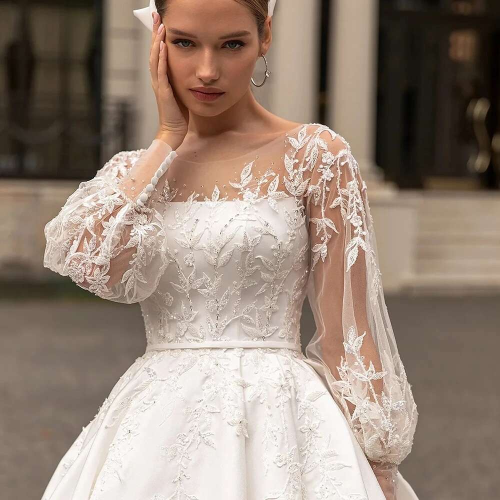 Lace Appliques Wedding Dresses A E Fuffy Ruched Satin Ball Gowns Long Sleeve Formal Bride Beach Party Vestido De Novia 0213