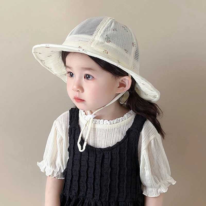 Cartoon printed baby sun hat big brick sunset childrens fisherman hat cute breathable mesh girl Panama boy bucket hatW240713