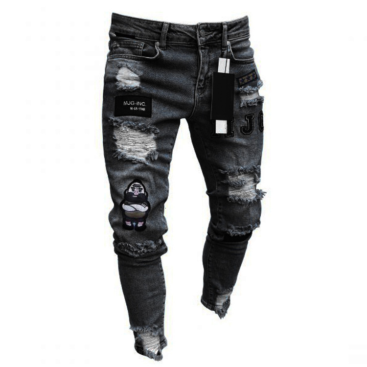 0.1 Sample Men's Fit Knee Hole Distressed Shabby Badge Pants Art Patches Skinny Biker White Jeans Slim Trousers