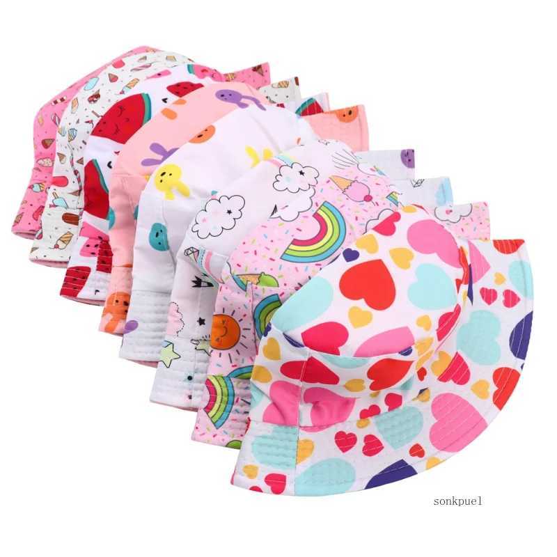 Double sided baby bucket hat with cute unicorn letter embroidery for children boys and girls fishermans hat for spring and summer outdoor childrens su