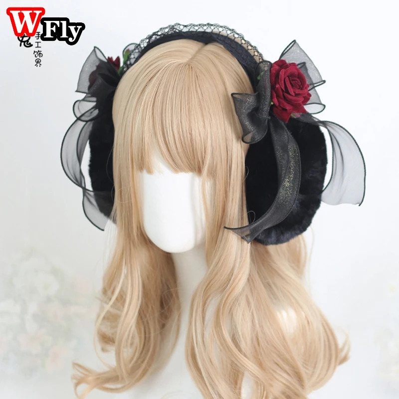 Gothic sweet Lolita Women Girl Lace bow rose Plush winter Warm Earmuffs Foldable Warmer Ear Cover Ear muffs Headband Accessories 240712
