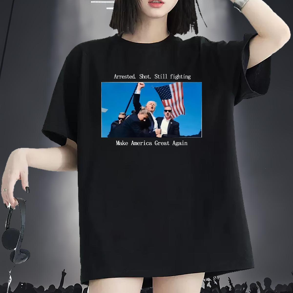 Classic Women T Shirts Arrested. Shot. Still fighting Street Crew Neck Cotton Breathable 230g Cotton Unisex Tshirts Black Oversized Lady Tops Shirt
