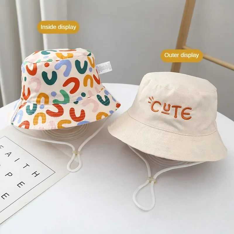 Double sided baby bucket hat with cute embroidered letters for children boys and girls fishermans Panama hat summer outdoor childrens sun hatW240713