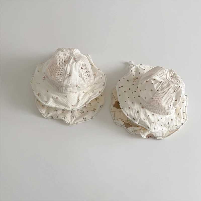 Cartoon printed baby sun hat big brick sunset childrens fisherman hat cute breathable mesh girl Panama boy bucket hatW240713