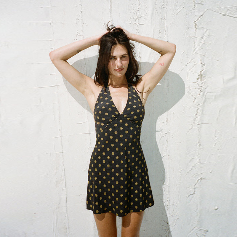 723 Summer New Item 2024 Polka Dot Silk Hanging Neck Deep V Strap Dress, Vacation Style Sexy Backless Female Waist Loose Round Neck Dress BOHO DRESS