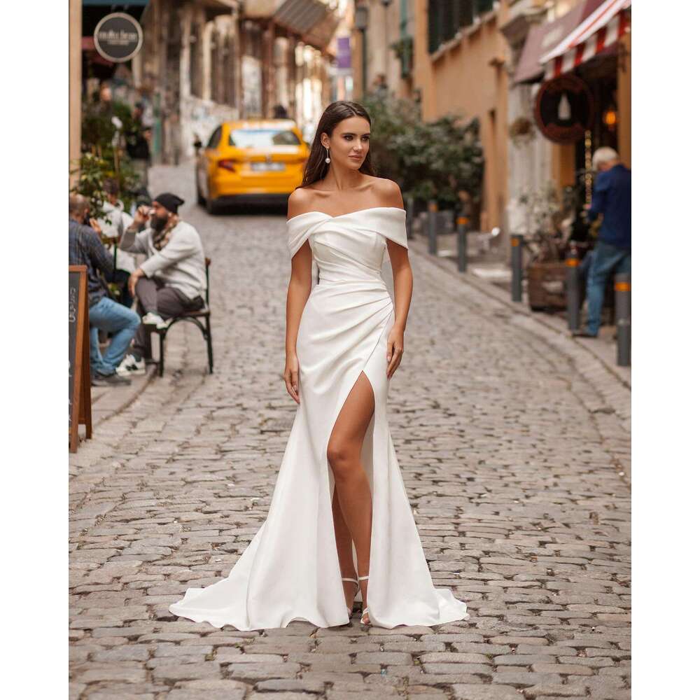 Elegant Off The Shoulder Soft Satin Mermaid Wedding Dresses Side Slit Detachable Train Formal Bridal Grown 2025 Rode De