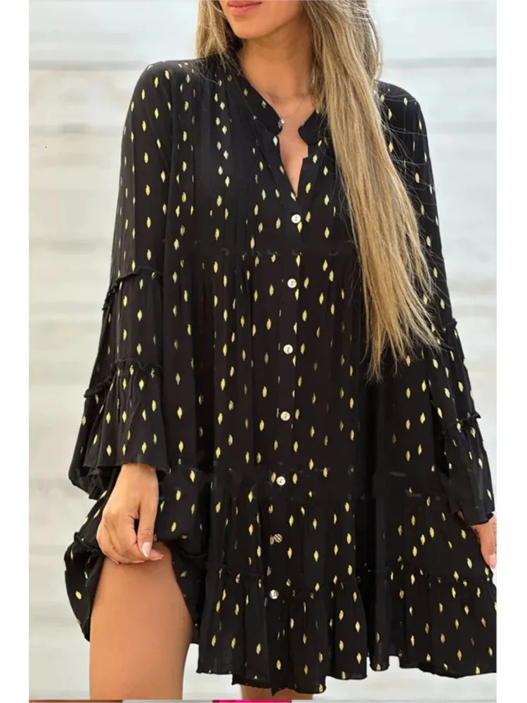 Womens Printed Gold Pressed Pleated Shirt Splicing Dress Spring Autumn Fashion Maxi Swing Loose Elegant Female Dreses 240711