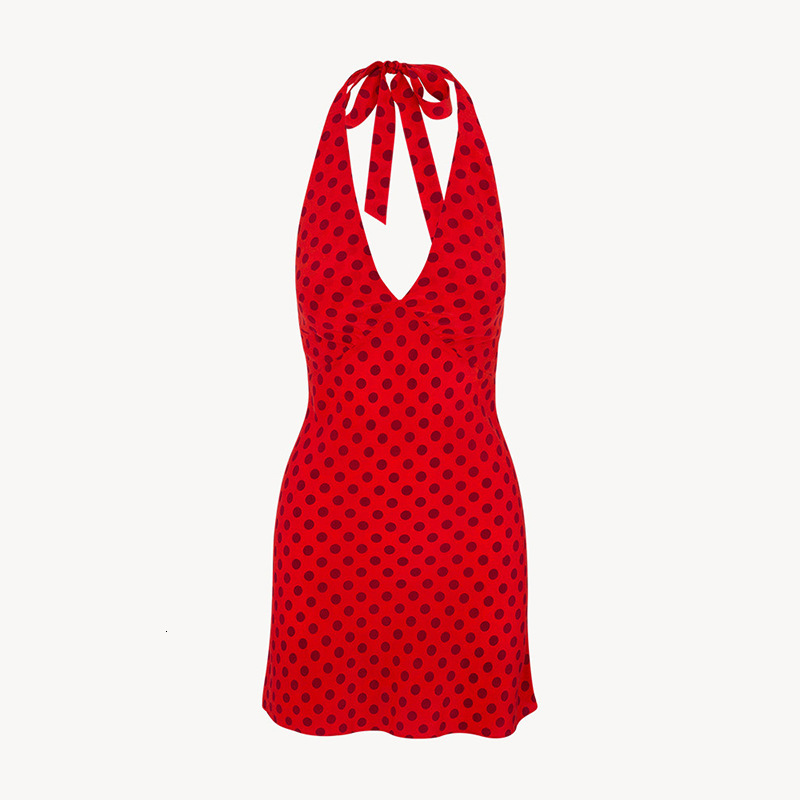 723 Summer New Item 2024 Polka Dot Silk Hanging Neck Deep V Strap Dress, Vacation Style Sexy Backless Female Waist Loose Round Neck Dress BOHO DRESS