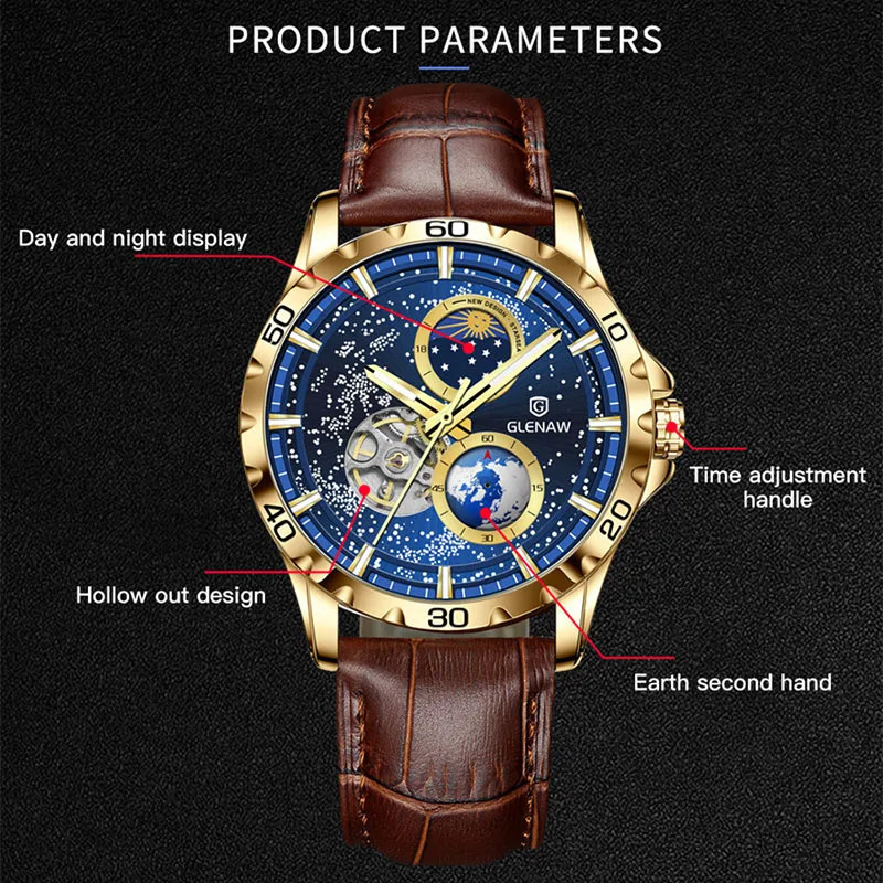 GLENAW Rotating Earth Double Second Hand WristWatch Men Automatic Mechanical Watch Starry Sky Stainless Steel Leather Watchband 240711
