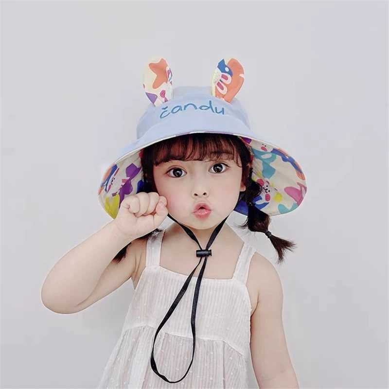 Adjustable baby bucket hat girls sun hat cute rabbit childrens empty top hat big Brim childrens beach hat hatW240713